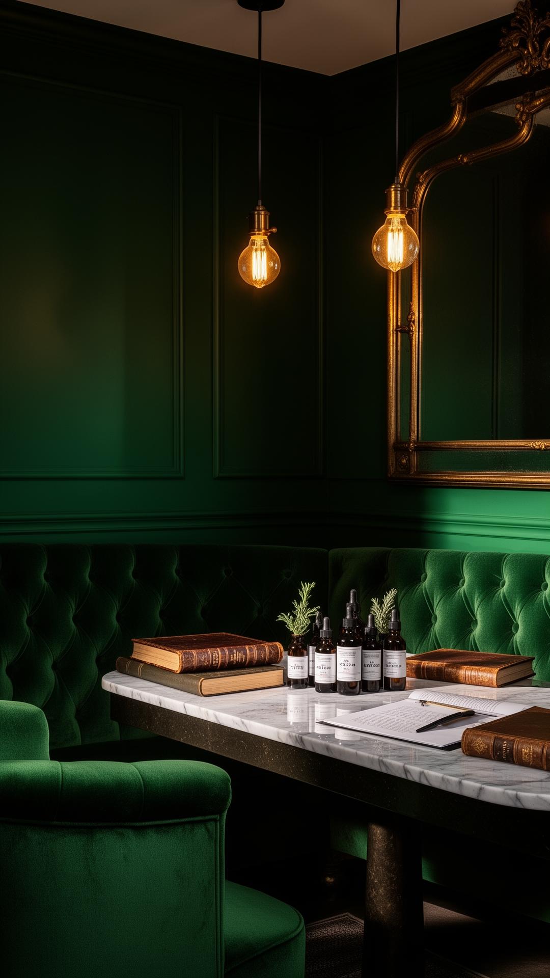 Deep forest green treatment room with tufted velvet seating, antique brass mirror, Edison bulbs, marble surfaces and dark glass tinctures